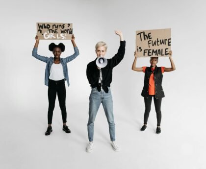 feminists with banners