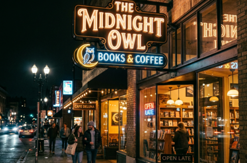 Neon sign for The Midnight Owl Books & Coffee on a city street at night with people walking by and illuminated storefront.